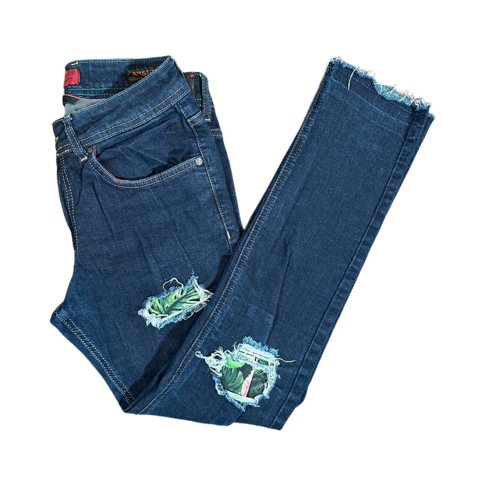 Ron Tomson RNT 23 Distressed Skinny Jeans with Tropical Patch Detail